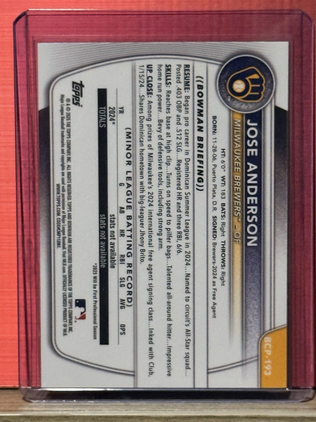 2025 Bowman Chrome MOJO PURPLE /250 Jose Anderson 1st RC #BCP-193 Brewers