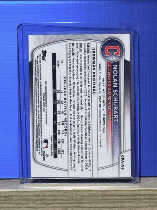 2025 Bowman Draft Nolan Schubart Chrome Auto 1st RC Prospect #CPA-NS Guardians