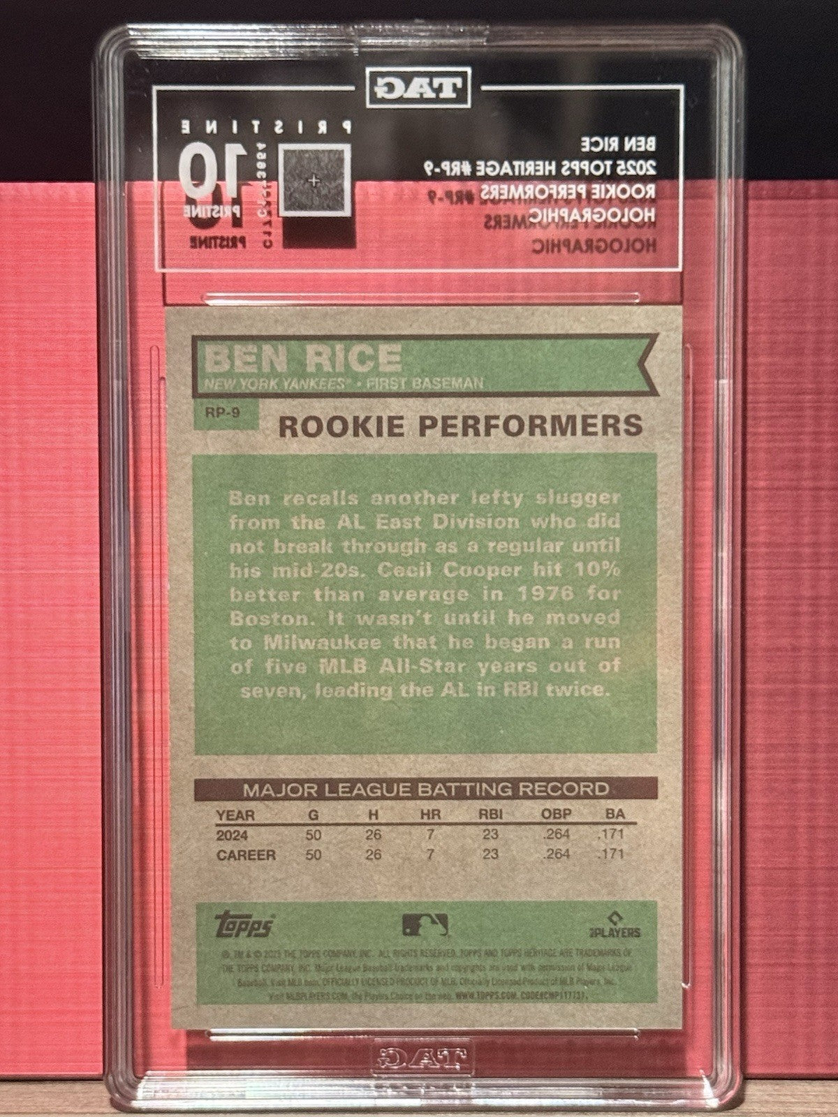 Ben Rice RC (Holographic) - TAG 10 PRISTINE - 2025 Topps Heritage RP-9 🔥
