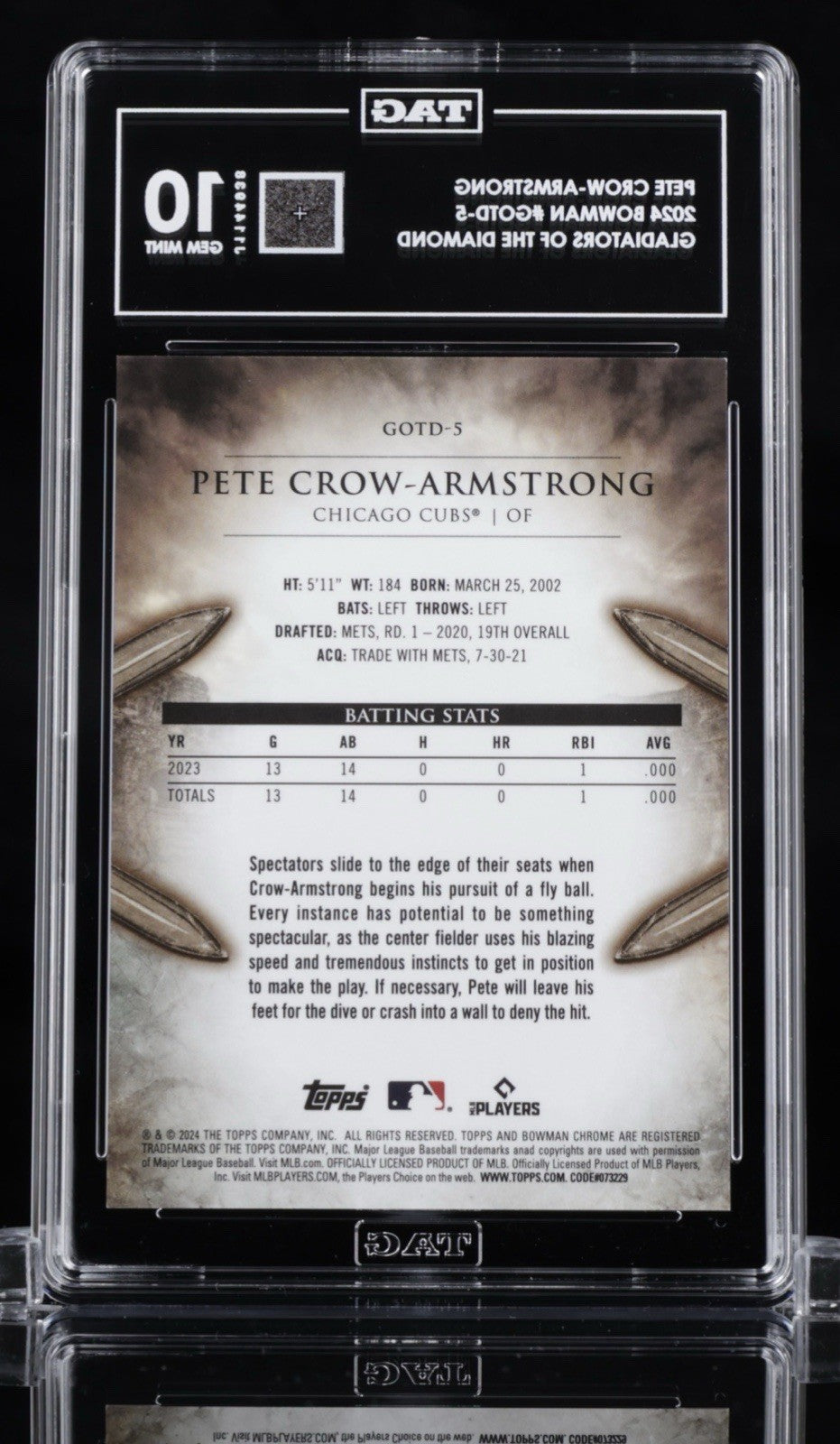 2024 Bowman Pete Crow-Armstrong Gladiators #GOTD5 TAG 10 💎 RC | Cubs Pop 1