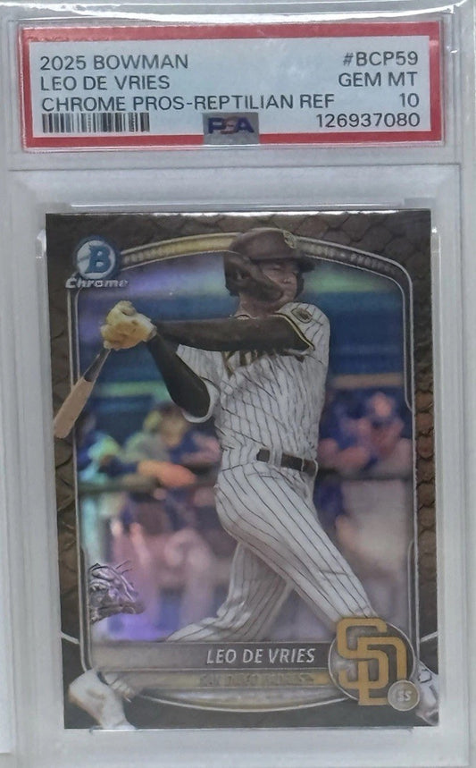Leo De Vries 2025 Bowman Chrome #BCP-59 Reptilian Refractor Prospect RC PSA 10