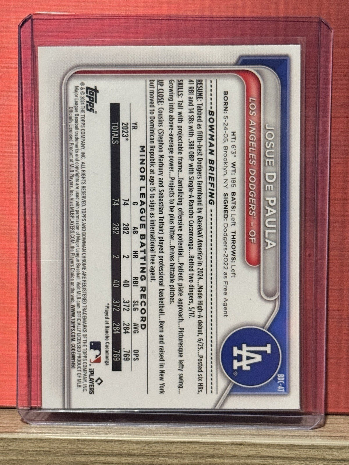 2024 Bowman Draft Josue De Paula BDC-47 Fuchsia Crater Refractor /199 Dodgers